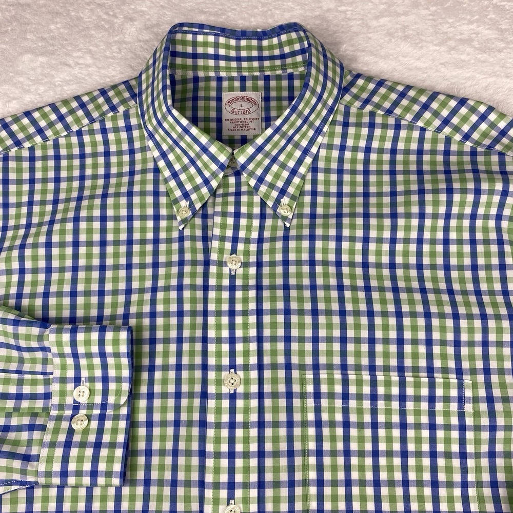 Brooks Brothers Shirt Mens Large Blue/Green Checks Traditional Fit Non Iron